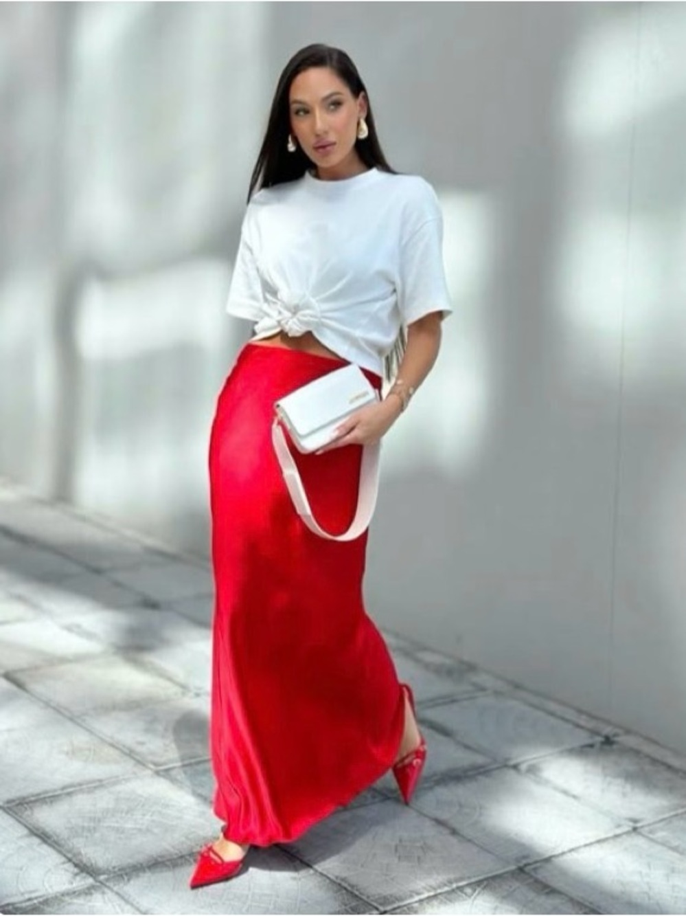 Anthropologie Red Satin Maxi Skirt with Sleek Silhouette